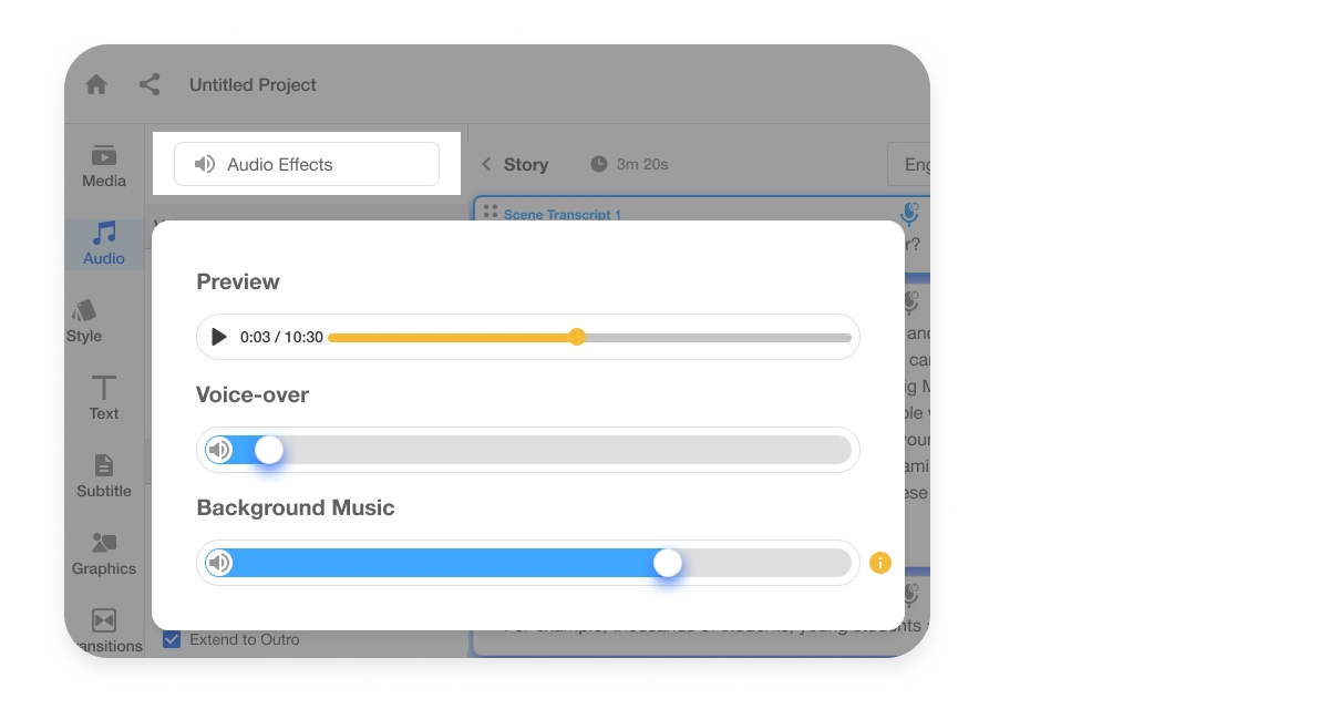 Add voiceover and change volume levels with precise scene-by-scene and project-wide audio controls for voiceovers, music, and background elements.